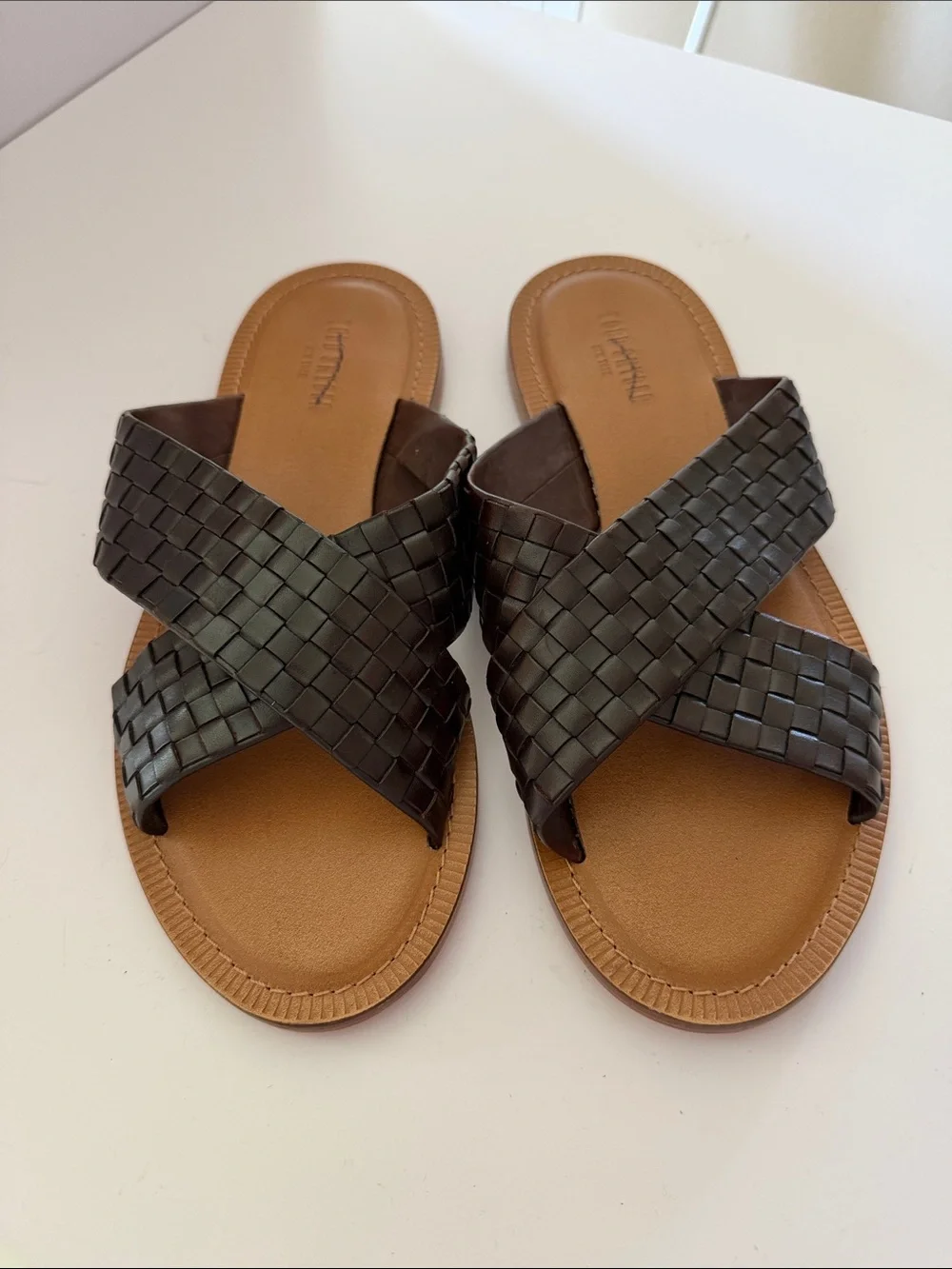 Todd Snyder Woven Crisscross Brown Leather Slide Sandals Sz 12.  Tub8